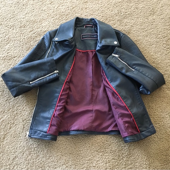 Tommy Hilfiger Leather Biker Jacket Navy Blue Size Medium - Picture 5 of 15
